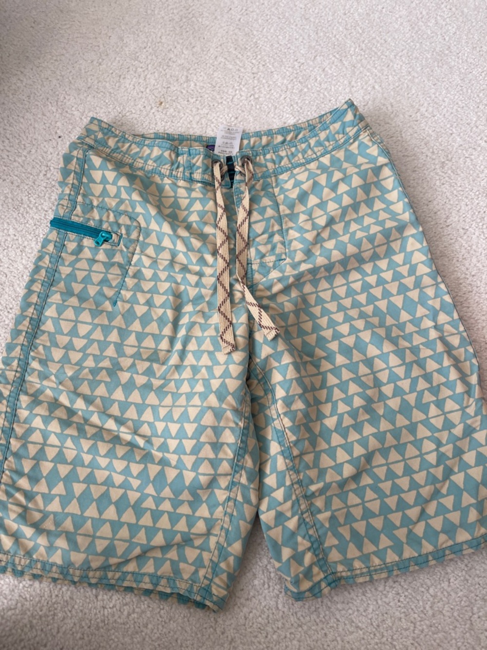 Patagonia Teal and Cream Triangle Print Swim Board Shorts